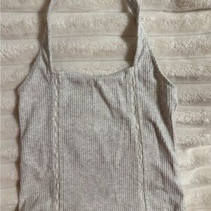 American Eagle Outfitters Light Gray Ribbed Lace-Trim Tank Top